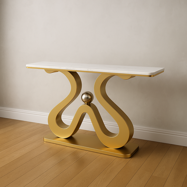 Artistic Marble Console Table with Golden Sculptural Base and Silver Ball