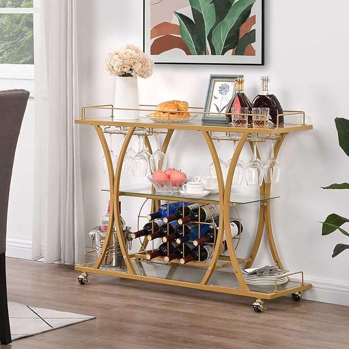 3-Tier Gold Bar Trolley with Glass Shelves & Wine Rack