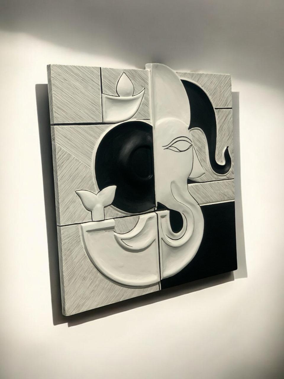 Sacred Ganesha Black and White Color Minimal 3D Wall Art