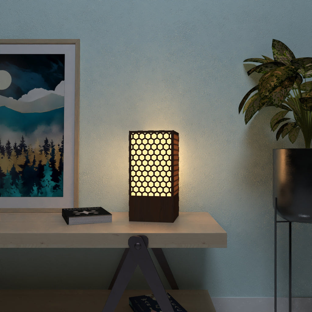 Beautiful Modern Look Wooden Night Light Honey Comb Pattern Table Lamp