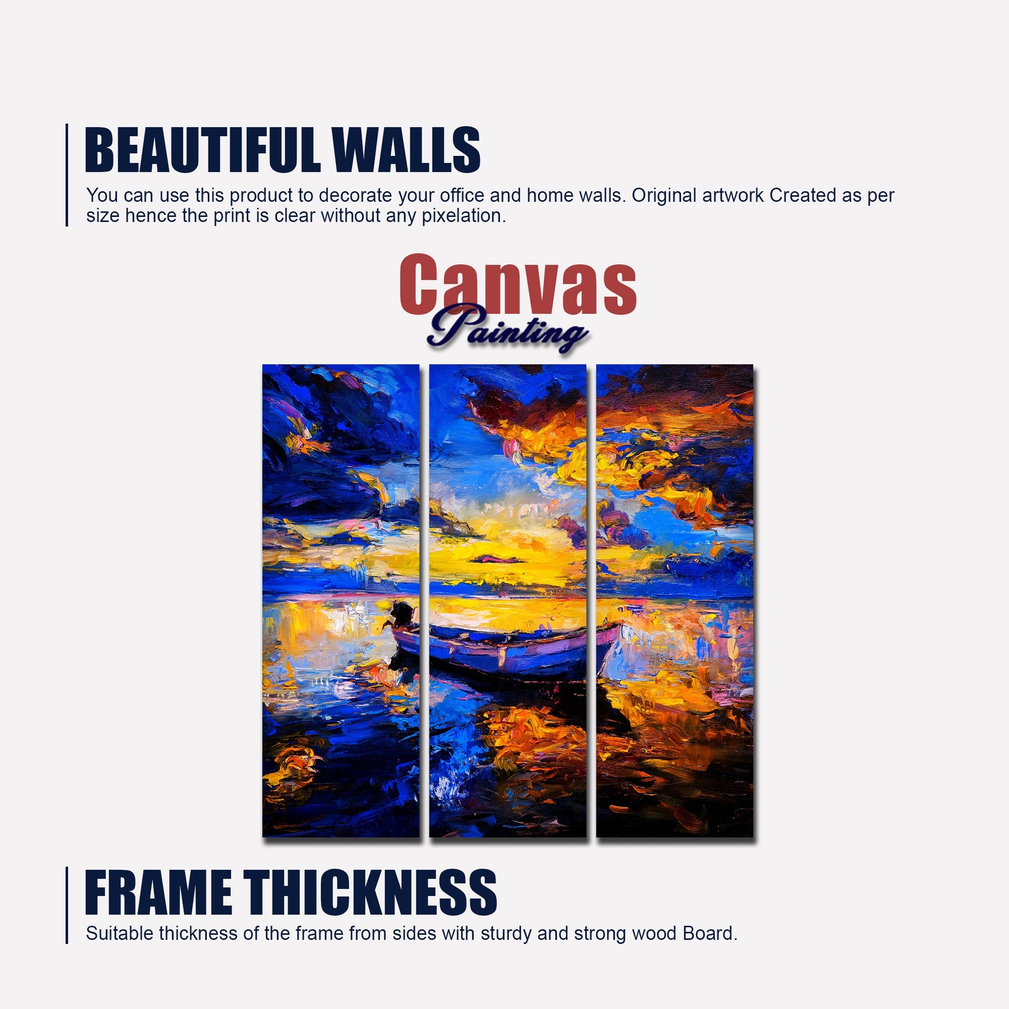 Beautiful Sunset & Boat Canvas Wall Painting of 3 Pieces