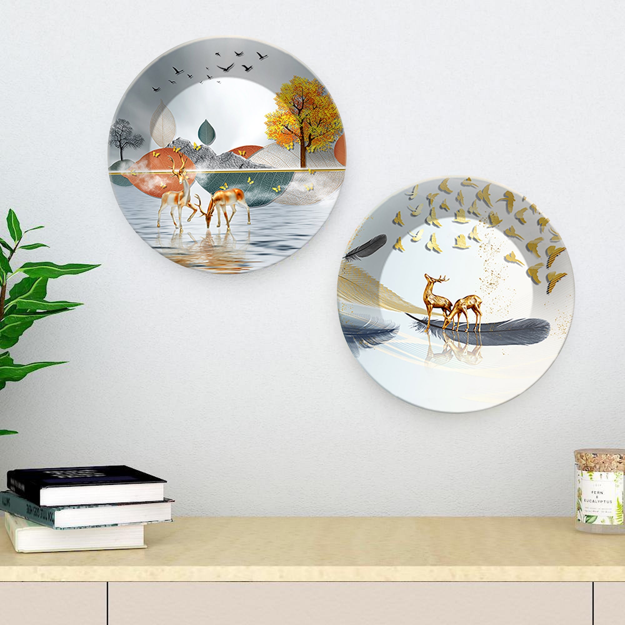 Deer at Lake Ceramic Wall Hanging Plates of Two Pieces