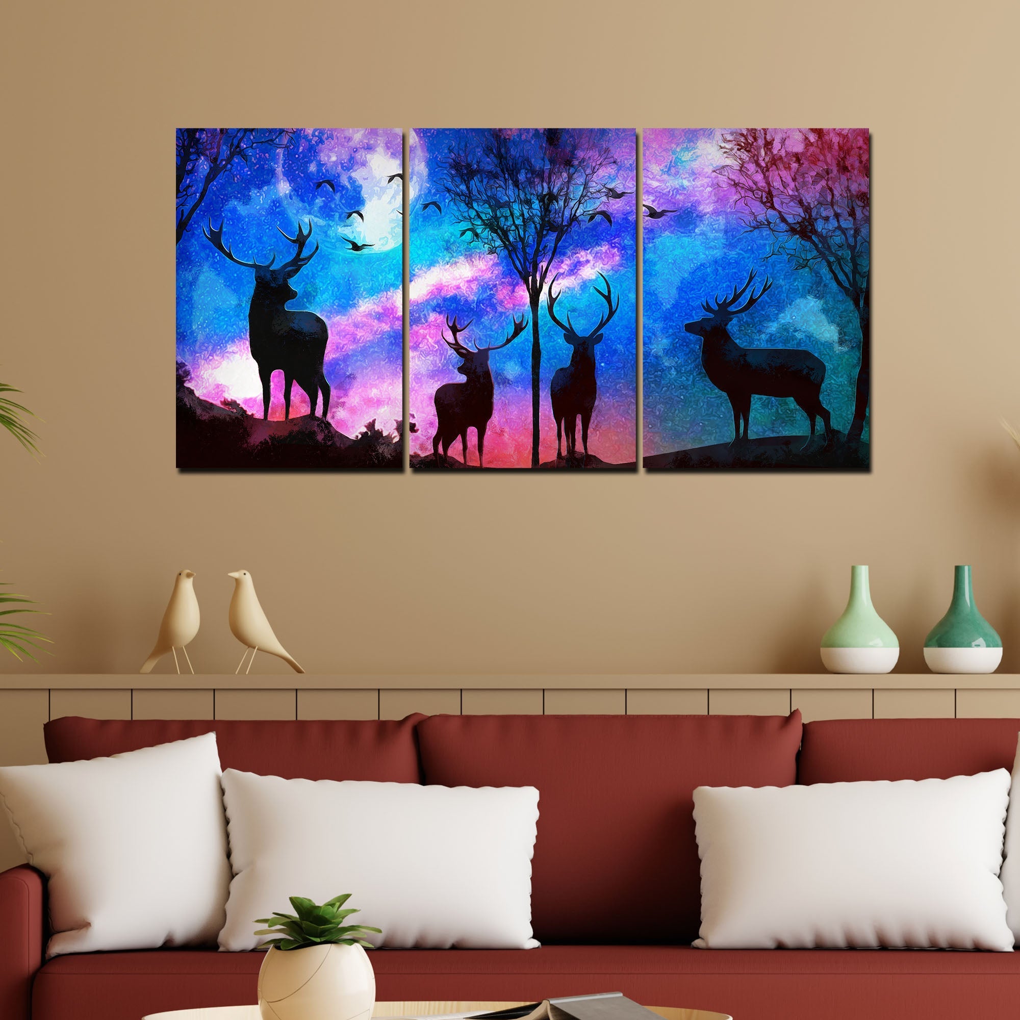 Deer in Forest Canvas Wall Painting of 3 Pieces