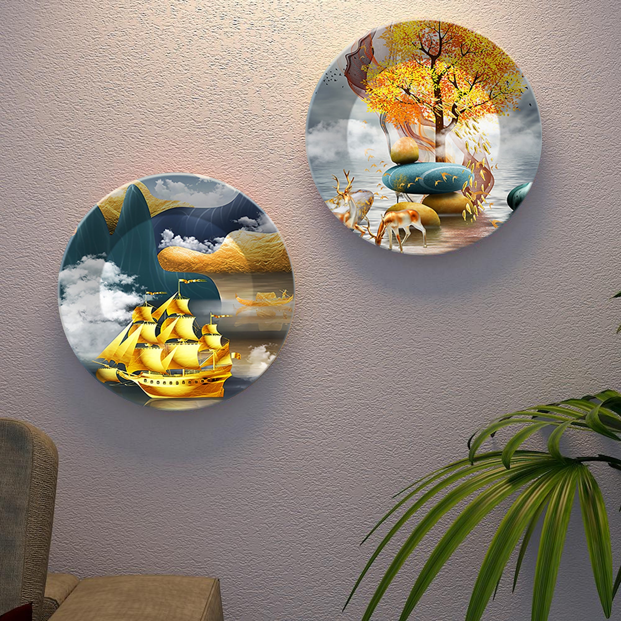 Golden Ship and Tree Ceramic Wall Hanging Plates of Two Pieces