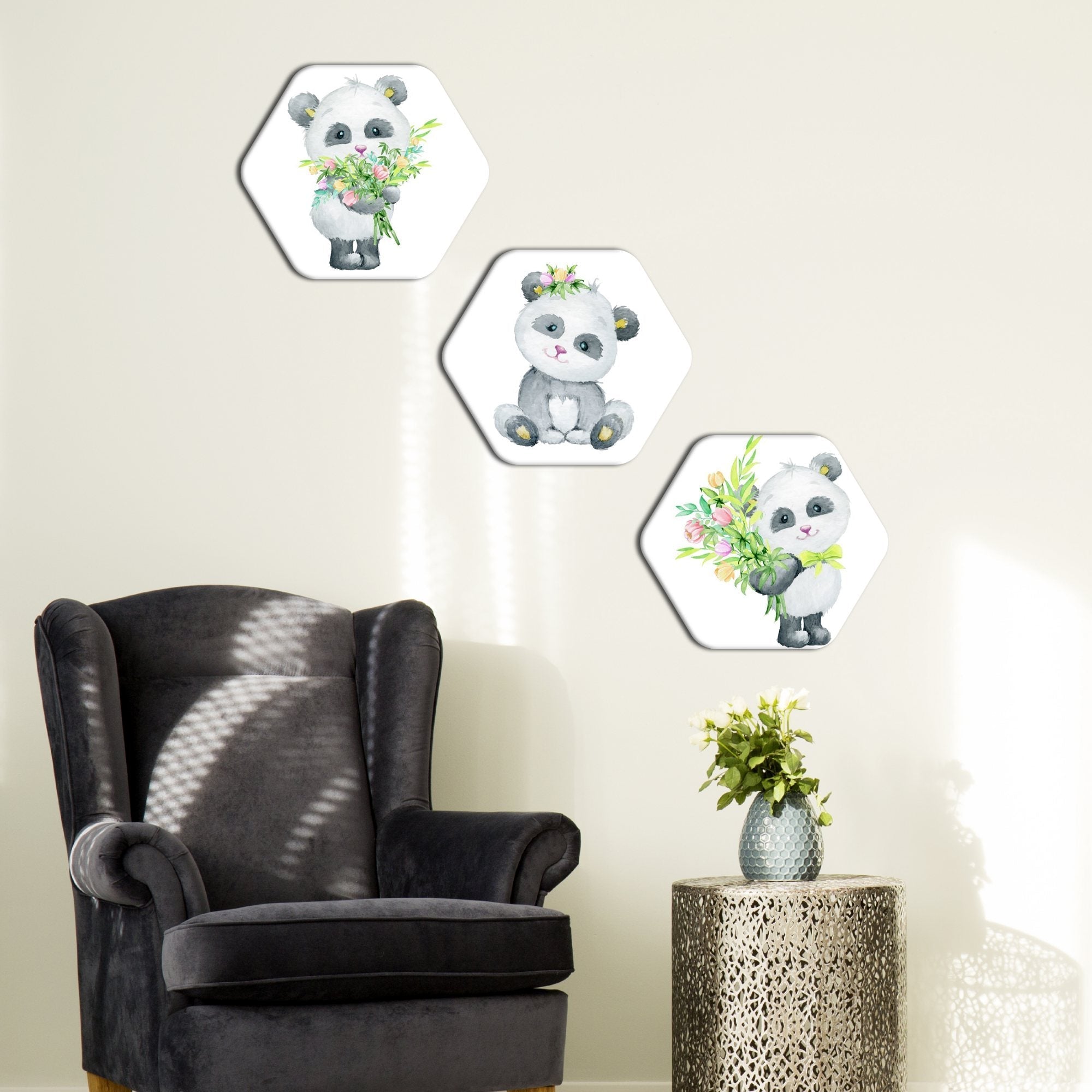 3 Pieces Hexagon Painting of Baby Panda