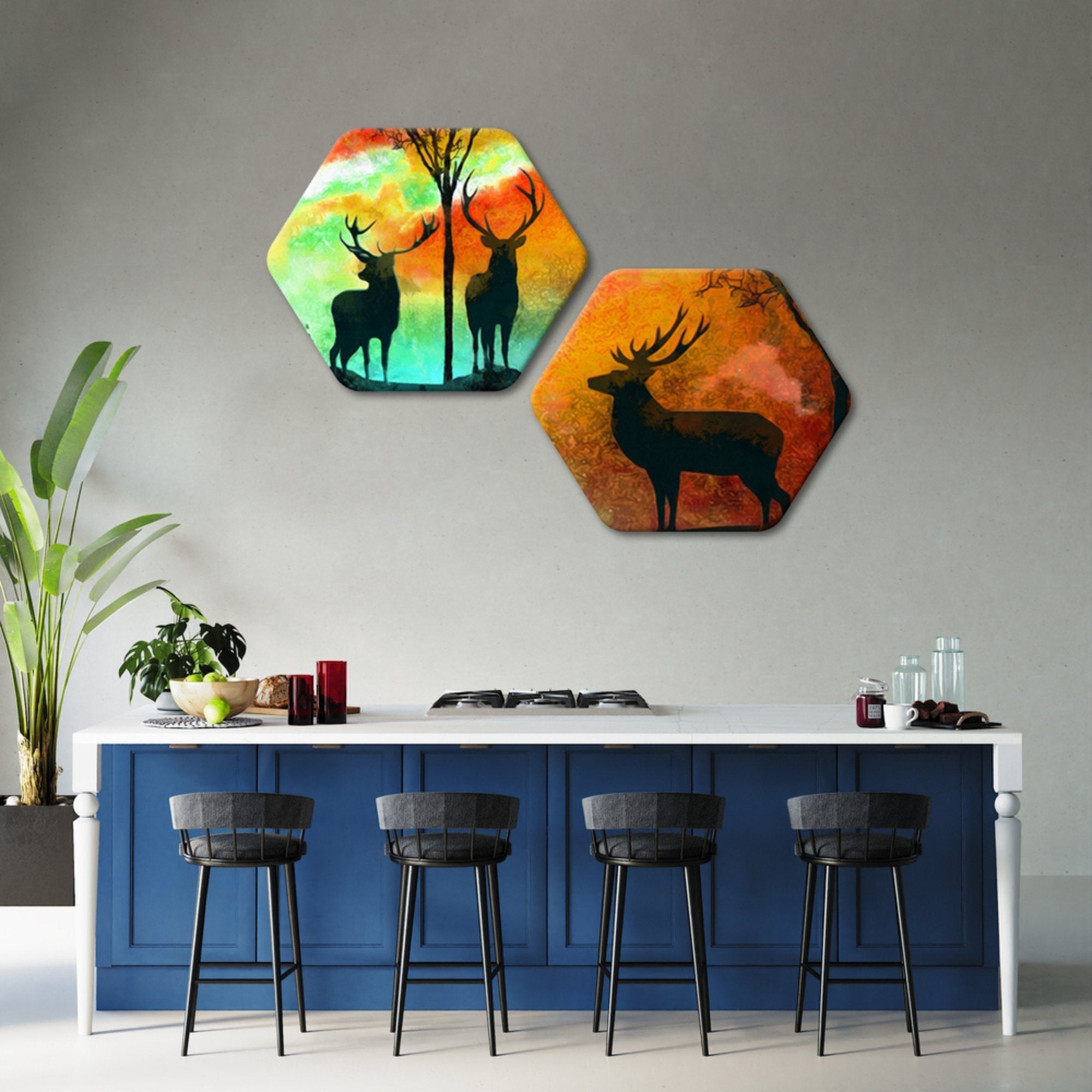 2 Pieces Hexagon Wall Painting of Silhouette Deer in Colorful Background