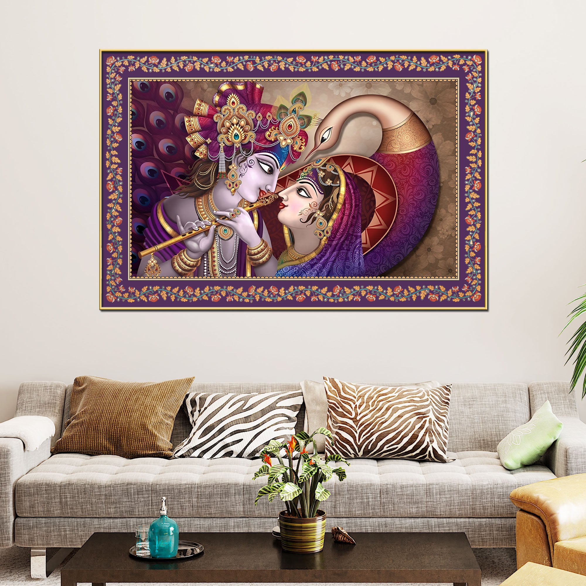 Krishna Radha with Peacock Floral Border Canvas Wall Painting