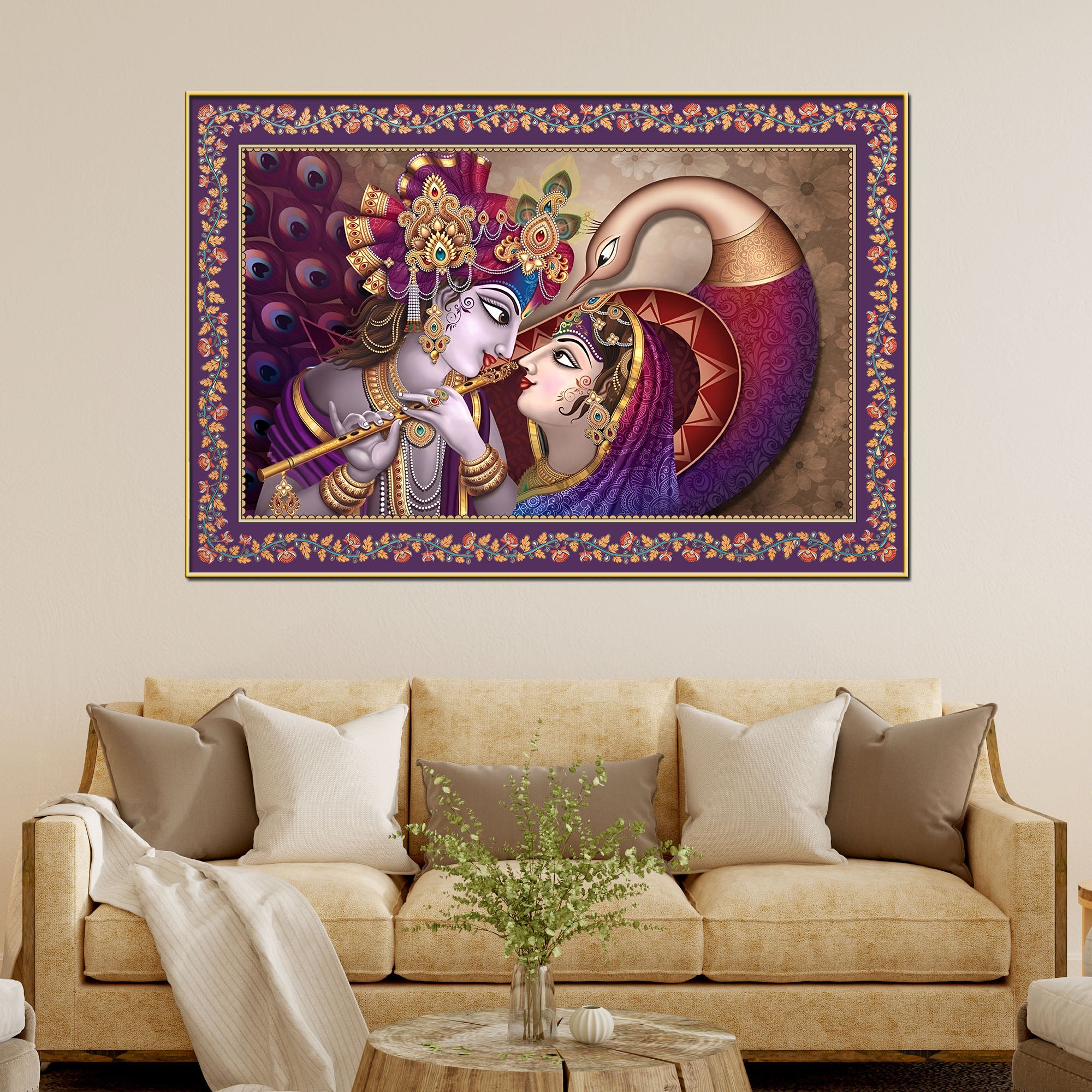 Krishna Radha with Peacock Floral Border Canvas Wall Painting
