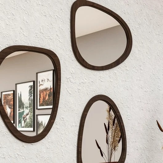 Irregular Wooden Wall Mirror | Modern Organic Shape Home Décor 3-Piece