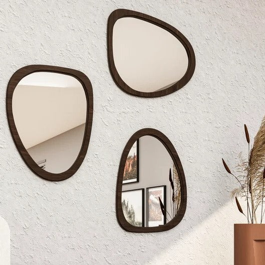 Irregular Wooden Wall Mirror | Modern Organic Shape Home Décor 3-Piece