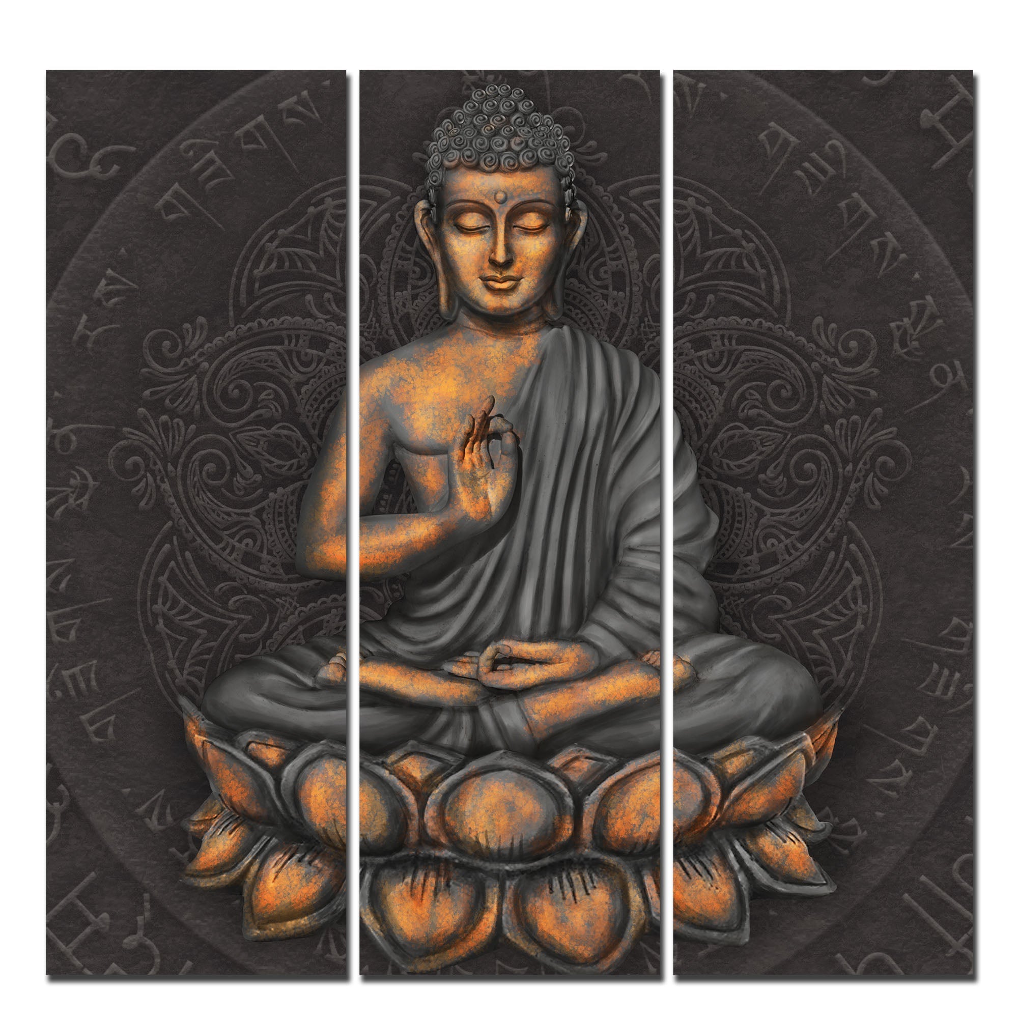 Lord Buddha Sitting on Lotus Wall Painting Three Pieces