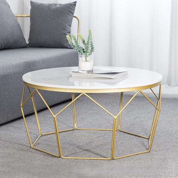Round Marble Center Table with Geometric Gold Frame