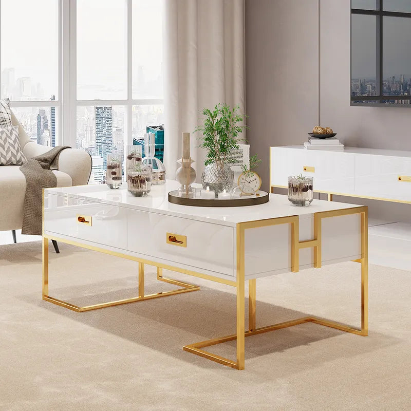 White Center Table with Four Drawers and Gold Base