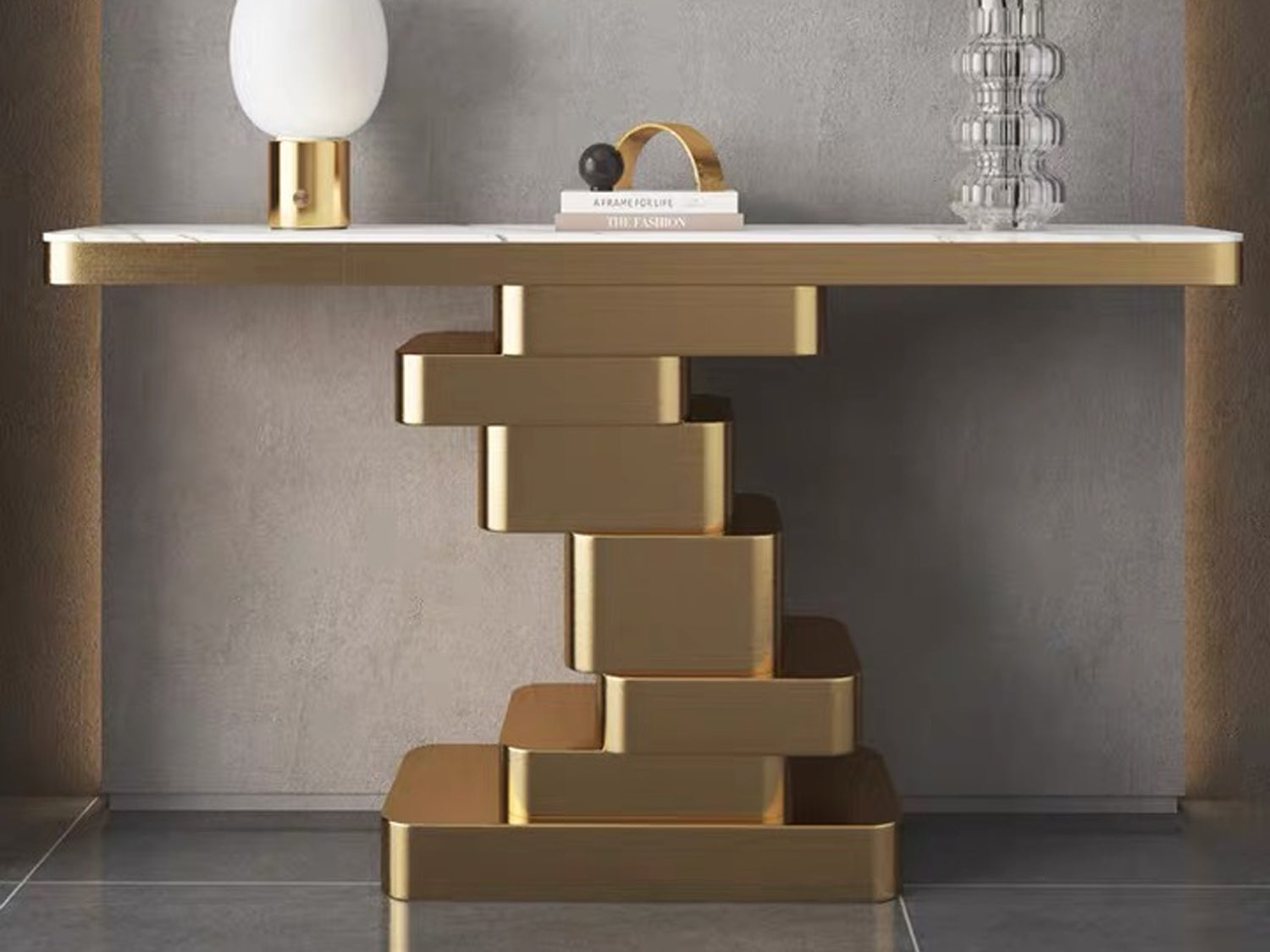 Marble Console Table with Layered Gold Pedestal