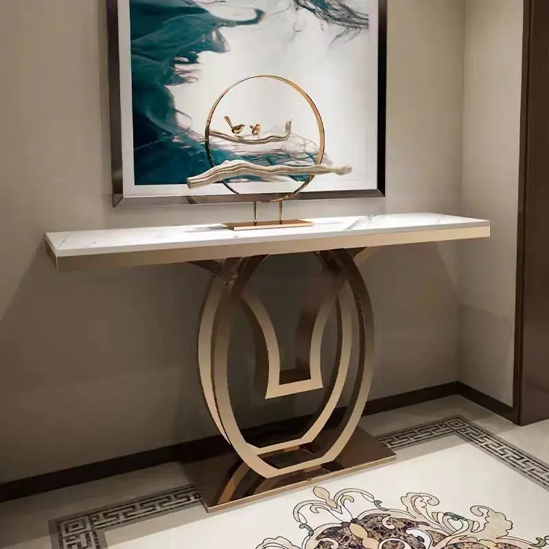 White Marble Console Table with Double Ring Gold Base