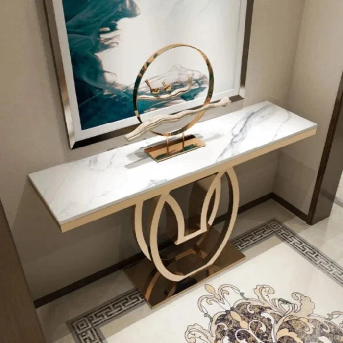 White Marble Console Table with Double Ring Gold Base