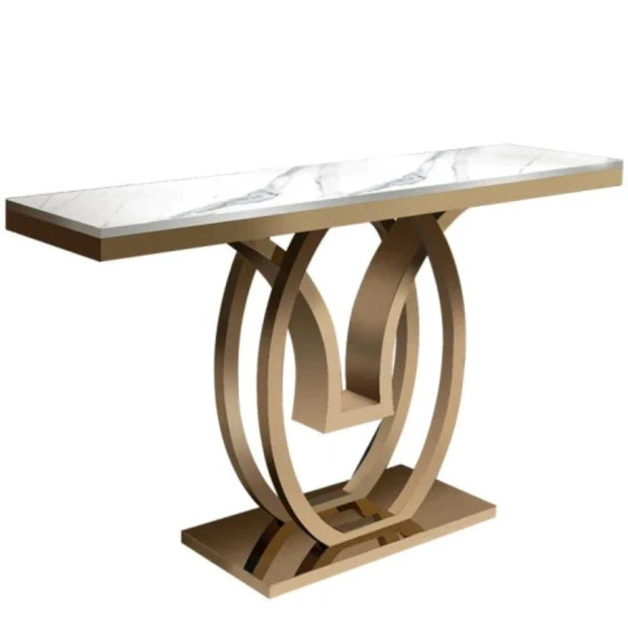 White Marble Console Table with Double Ring Gold Base