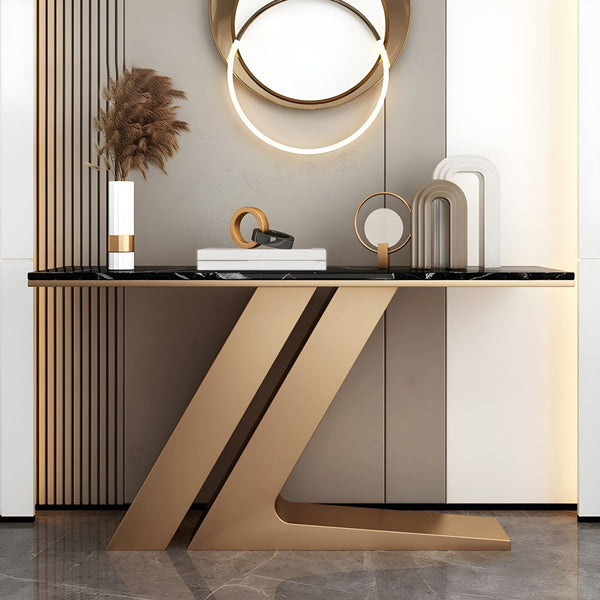 Narrow Foyer Marble Console Table with Angled Gold Stand