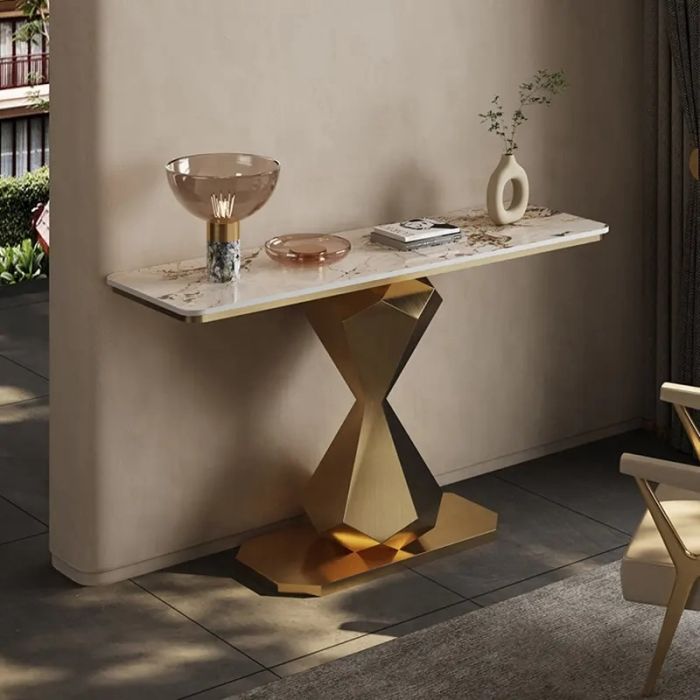 Hourglass Shape Console Table with Polished Gold Frame