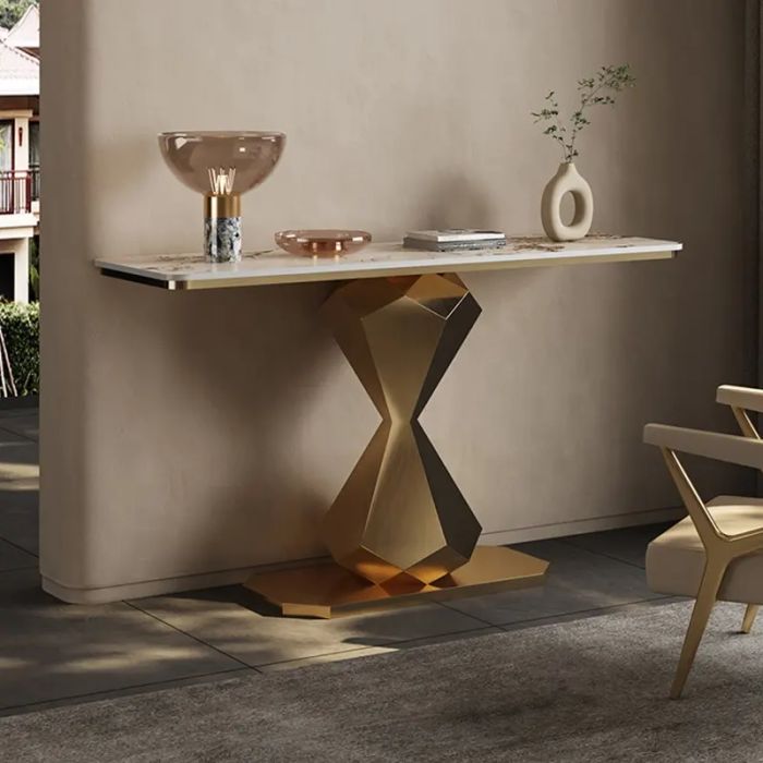 Hourglass Shape Console Table with Polished Gold Frame