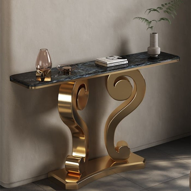 Vintage Inspired Scroll Console Table with Black Marble Finish