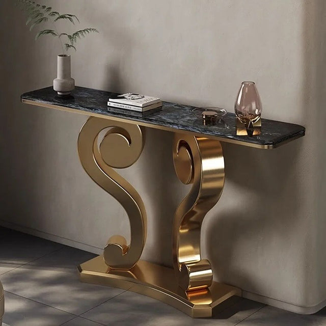 Vintage Inspired Scroll Console Table with Black Marble Finish