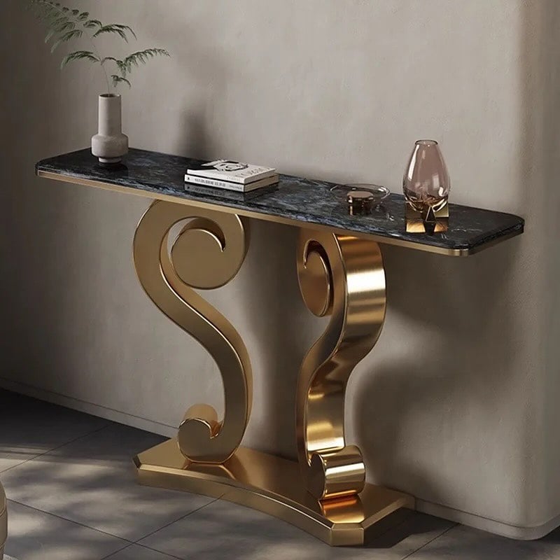 Vintage Inspired Scroll Console Table with Black Marble Finish