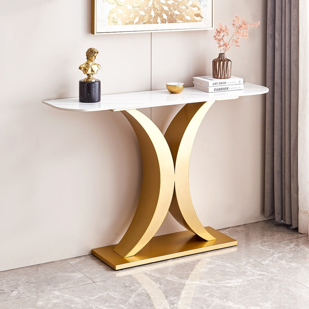 Elegant Gold X Leg Console Table with Smooth White Marble Top