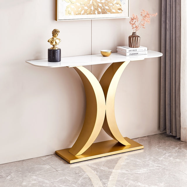 Elegant Gold X Leg Console Table with Smooth White Marble Top