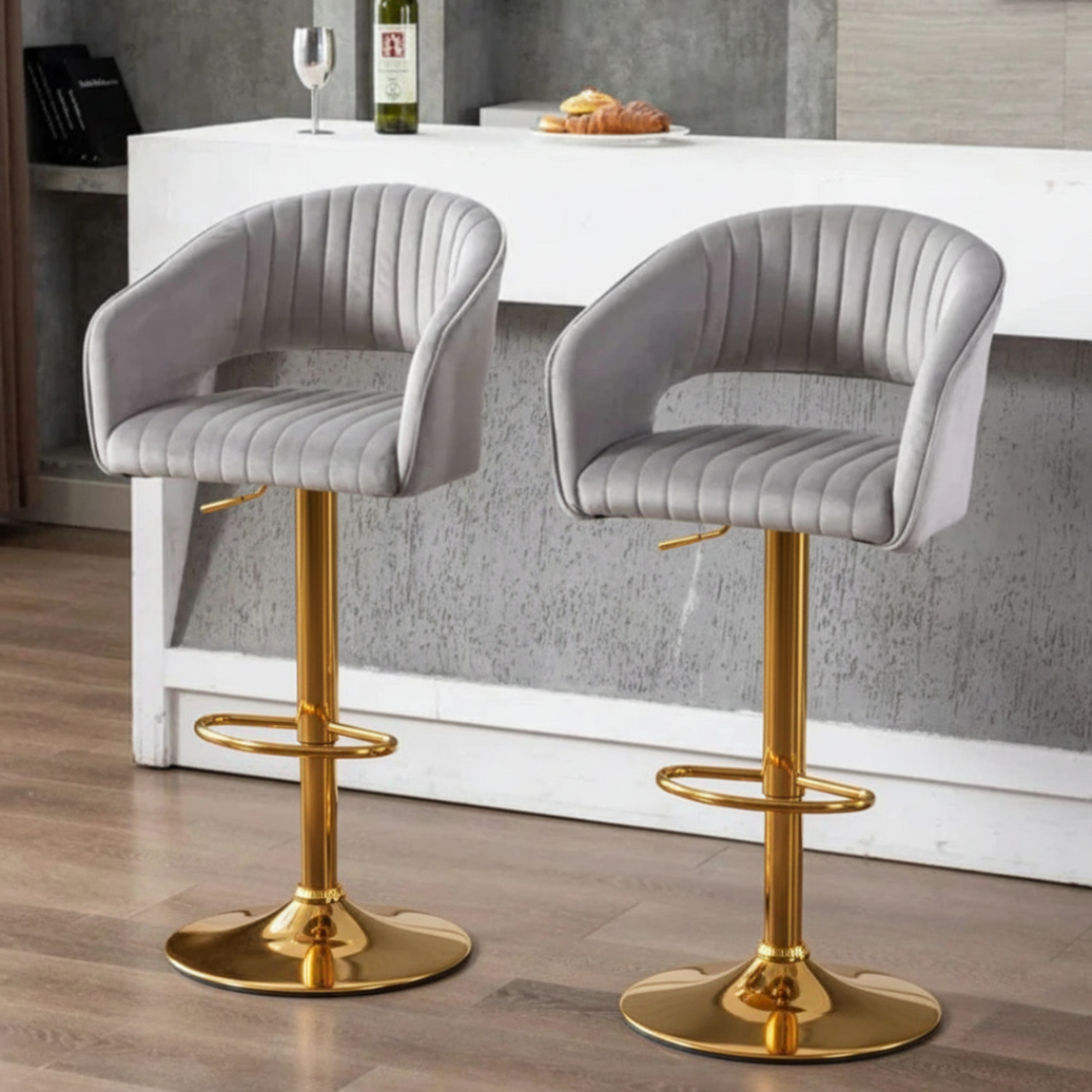Modern Grey Velvet Bar Stool with Golden Chrome Base