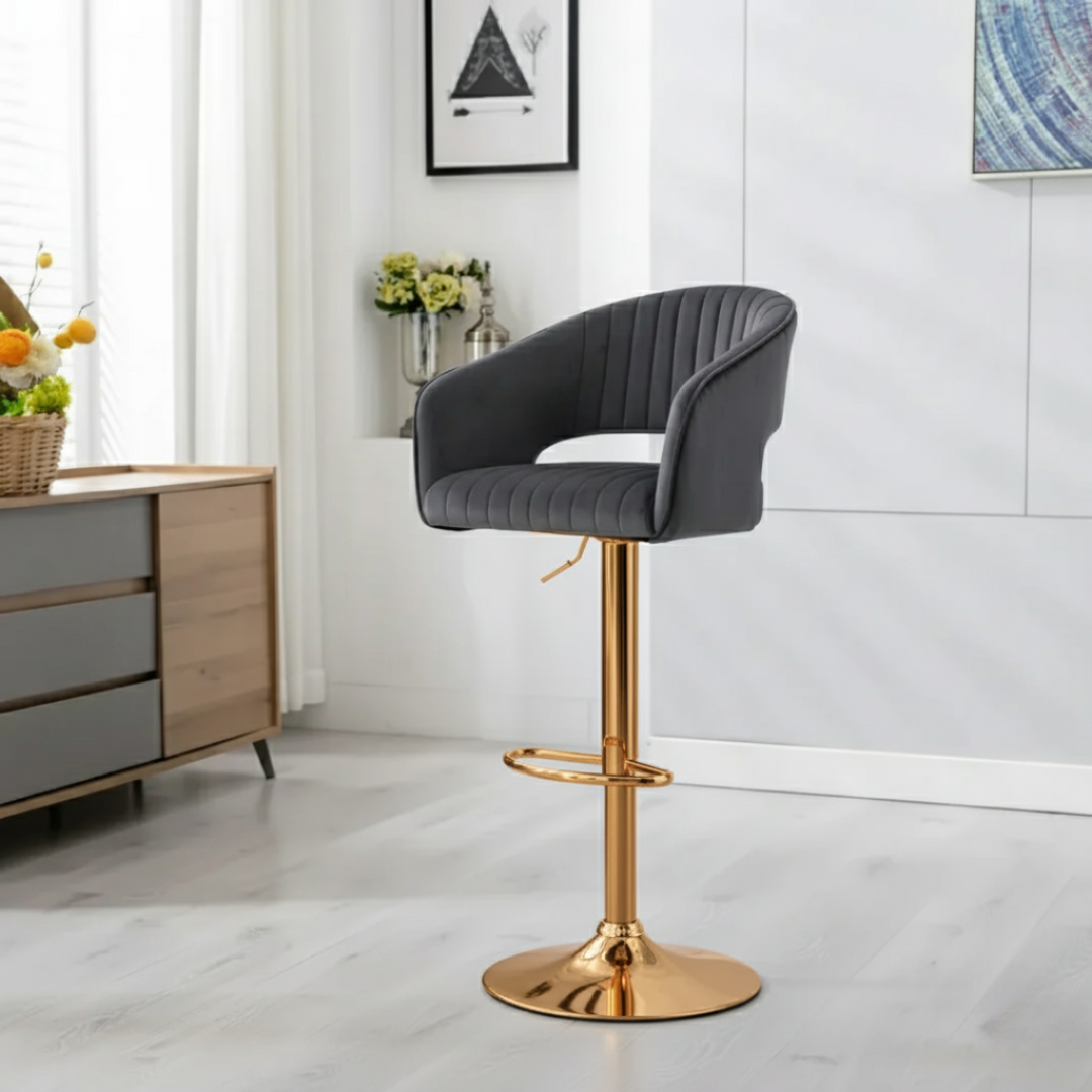 Modern Grey Velvet Bar Stool with Golden Chrome Base