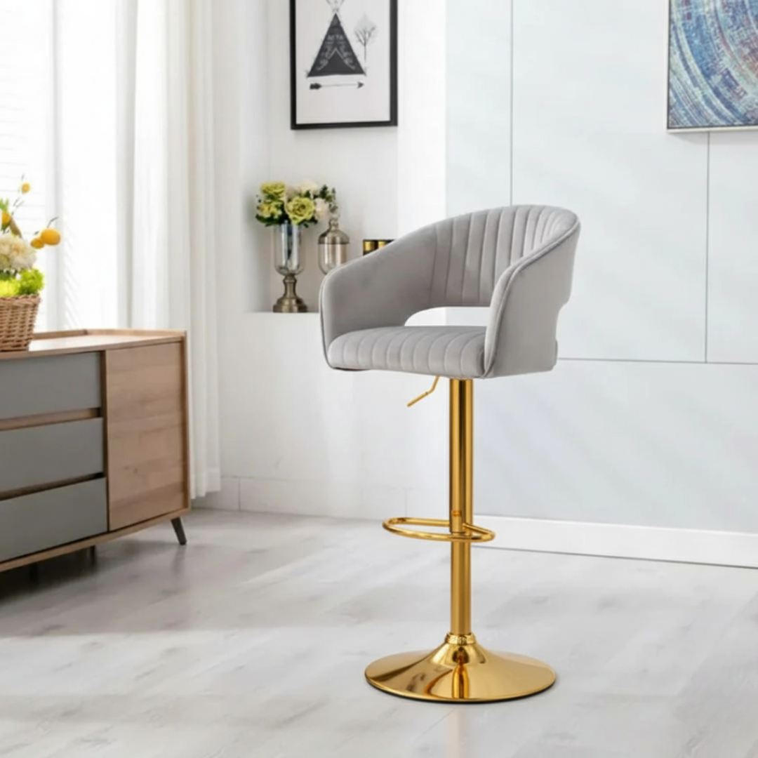 Modern Grey Velvet Bar Stool with Golden Chrome Base