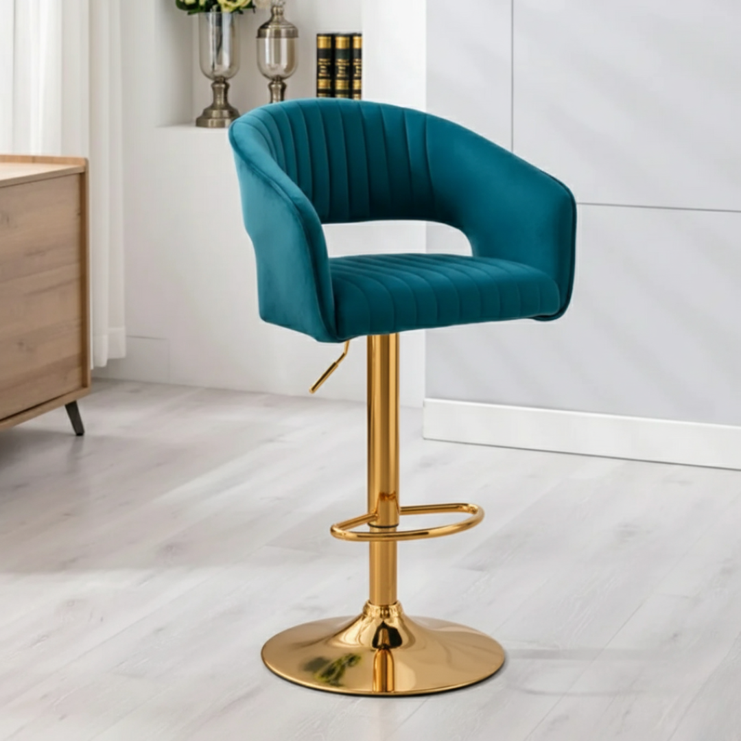 Modern Grey Velvet Bar Stool with Golden Chrome Base