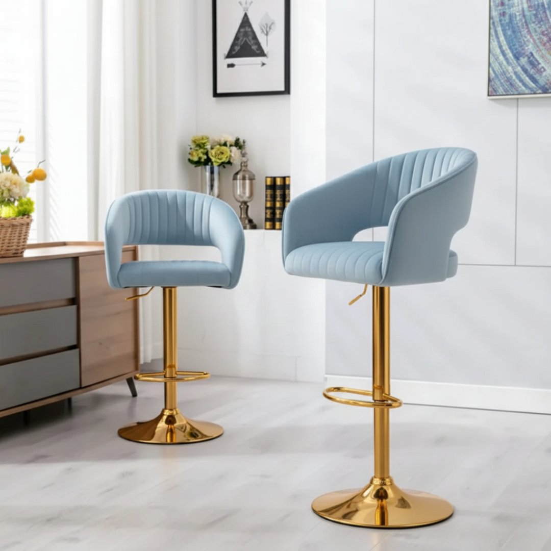 Modern Grey Velvet Bar Stool with Golden Chrome Base