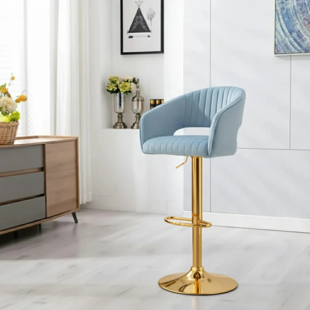 Modern Grey Velvet Bar Stool with Golden Chrome Base