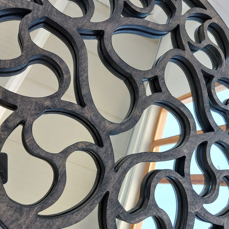 Round Decorative Wall Mirror | Artistic Swirl Wooden Frame Mirror