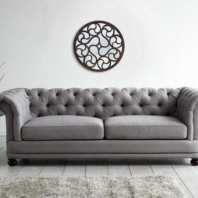 Round Decorative Wall Mirror | Artistic Swirl Wooden Frame Mirror