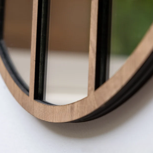 Round Grid Wall Mirror for Home Décor | Modern Wooden Frame Mirror