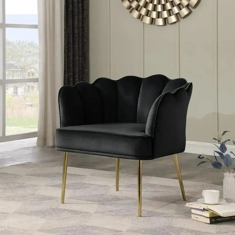 Black Velvet Shell Back Sofa Lounge Chair with Gold Legs