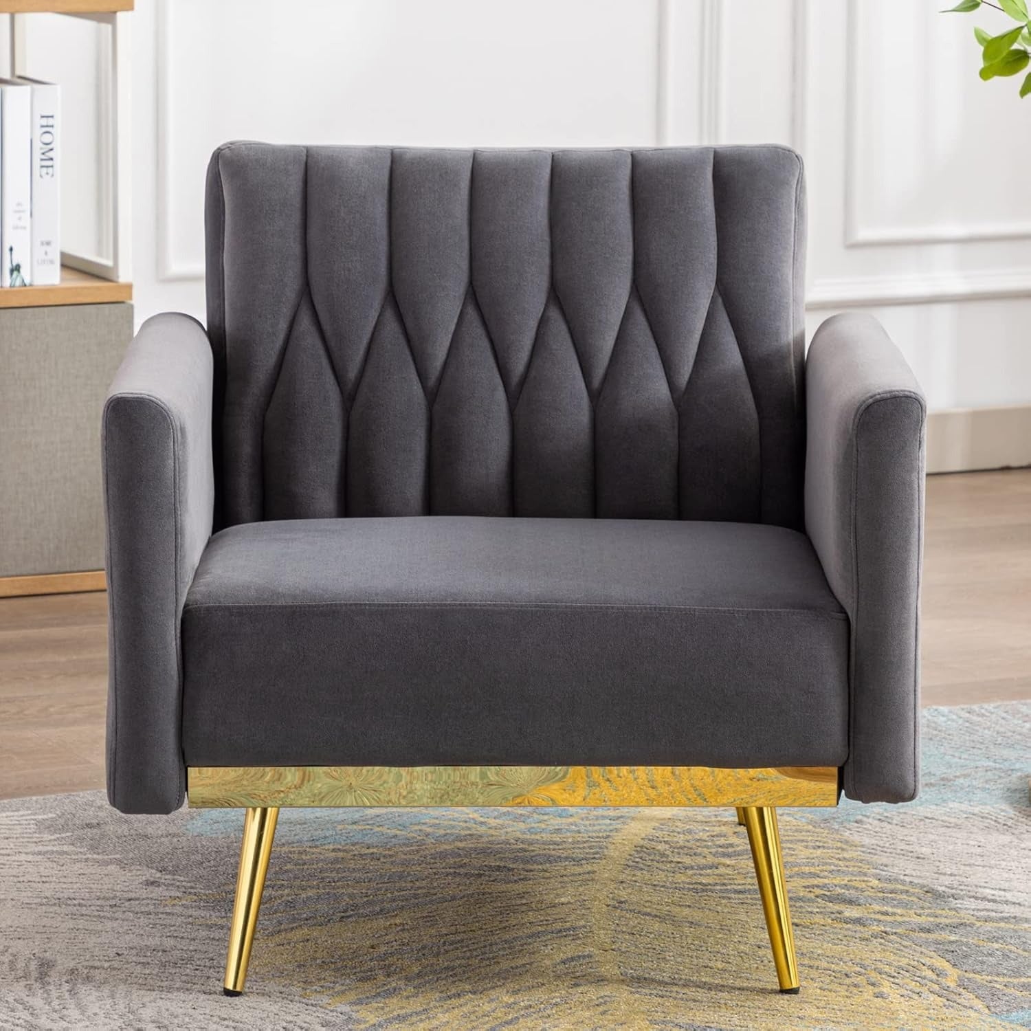 Grey Velvet Sofa Lounge Chair with Ottoman and Gold Legs