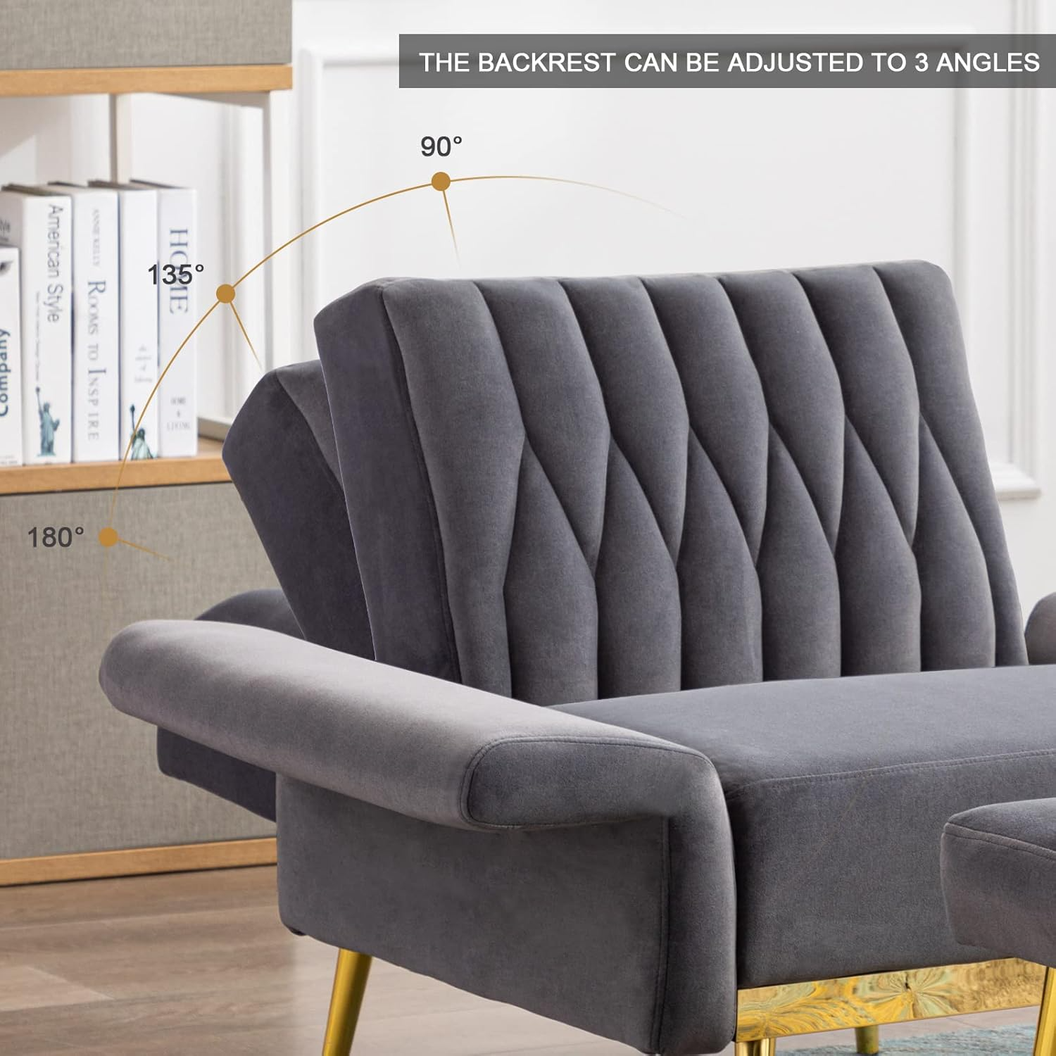 Grey Velvet Sofa Lounge Chair with Ottoman and Gold Legs