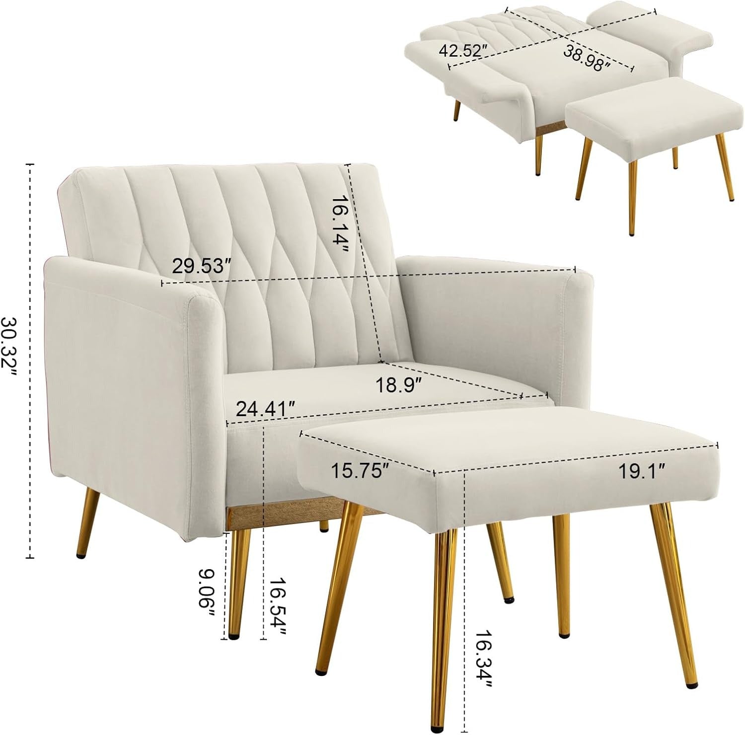 White Convertible Sofa Lounge Chair with Ottoman