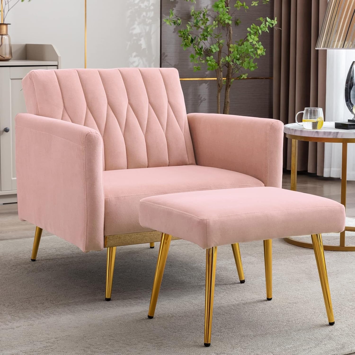 Pink Convertible Sofa Lounge Chair with Ottoman