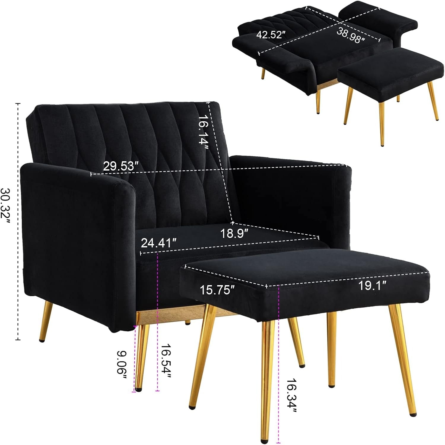 Black Convertible Sofa Lounge Chair with Ottoman