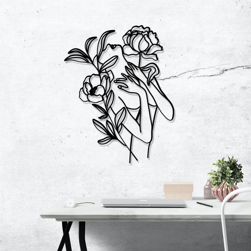 Woman With Flowers Silhouette Line Metal Art Wall Decor