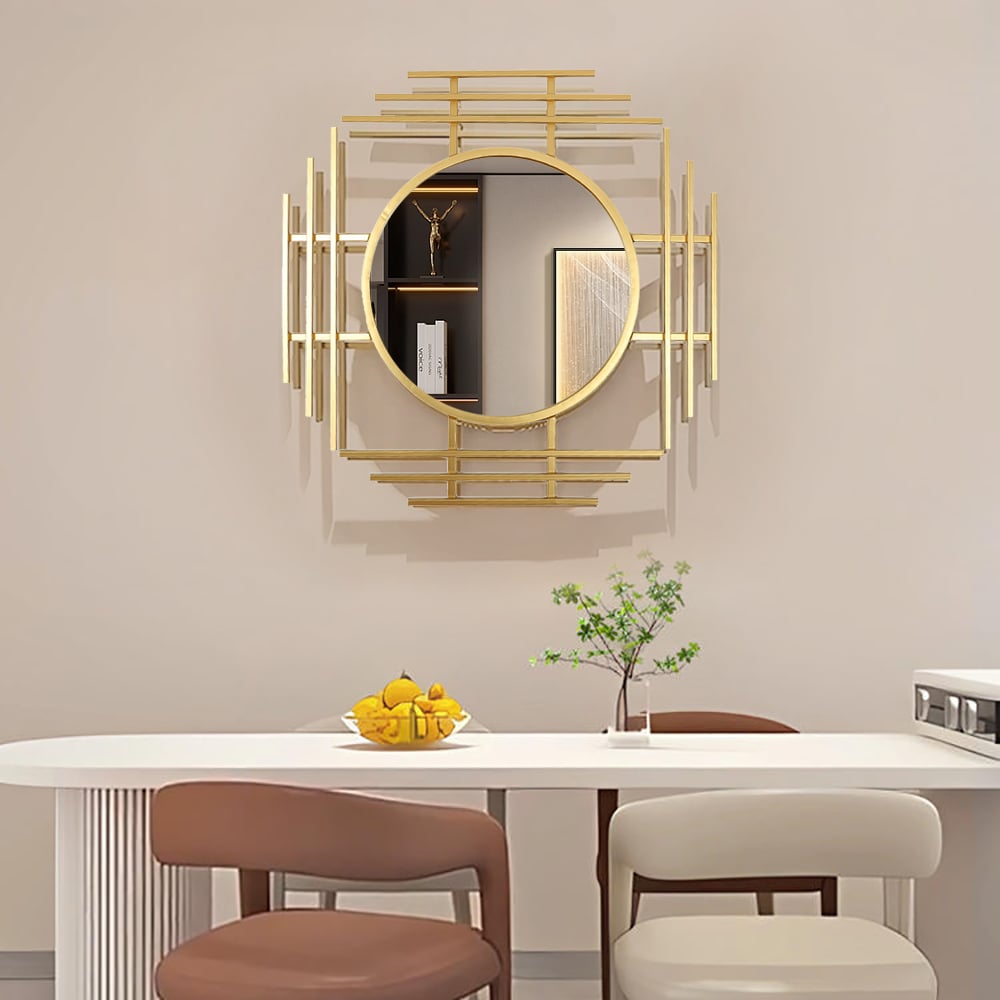 Geometric Sunburst Round Bathroom Mirror with Gold Finish
