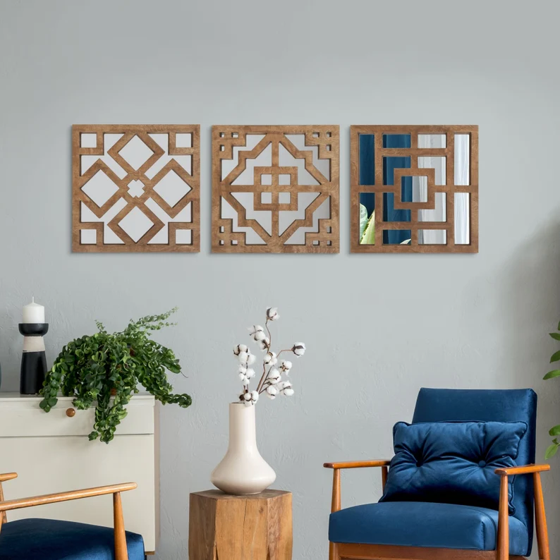 Wooden Geometric Mirror Set | 3-Piece Square Wall Décor