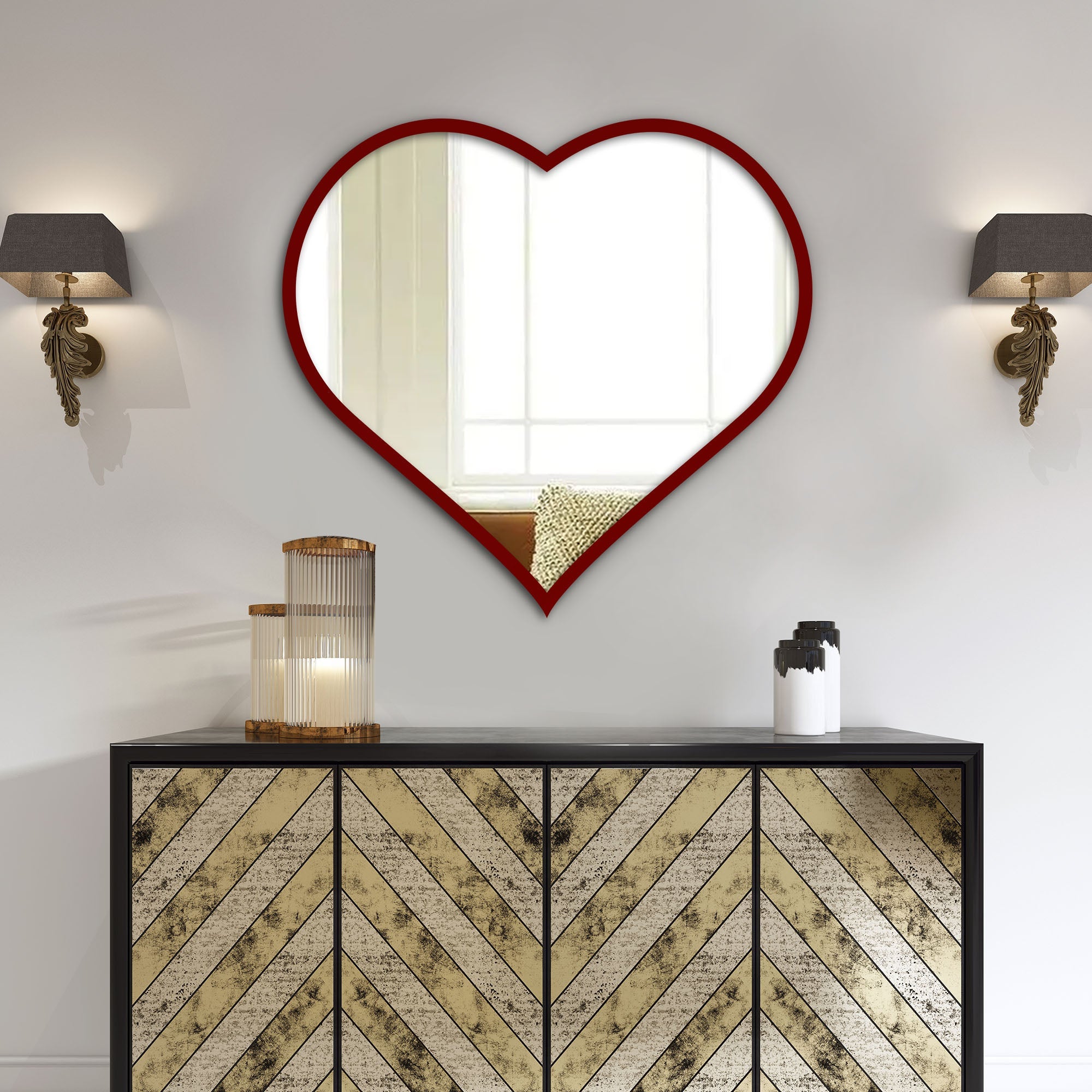 Modern Atractive Heart Shape Mirror with Red Finish Frame