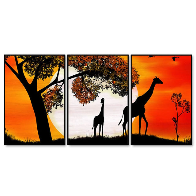 A Pair of Giraffe under a Tree in Sunset Floating Canvas Wall Painting Set of Three
