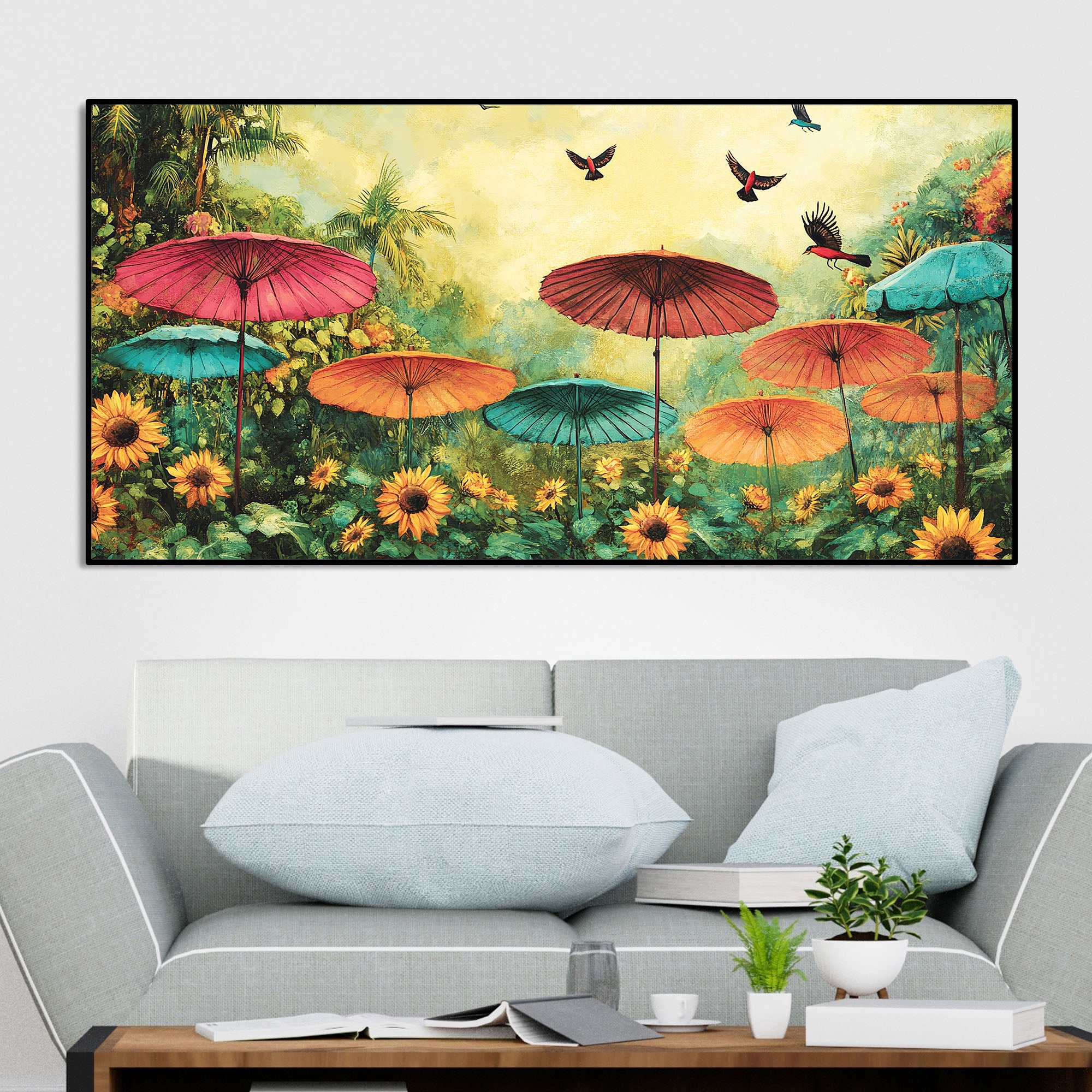 Abstract Colorful Umbrella with Wildflowers Nature Art Canvas Wall Painting